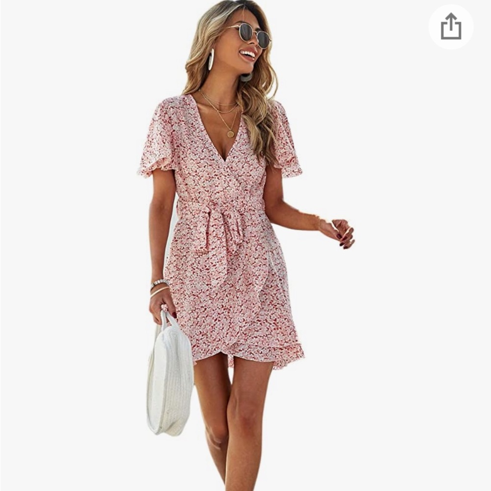 NWOT - SheIn Women's Floral Tie Front Ruffle Mini Dress, Size M, Baby Pink